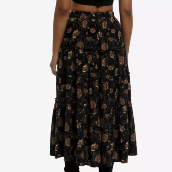 BLACK & BROWN ROSE TIERED MIDI SKIRT XL - Picture 2 of 3